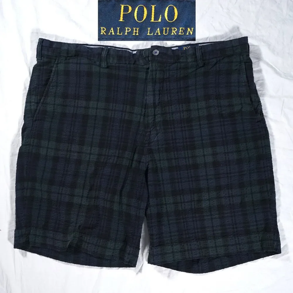 Polo Ralph Lauren Seersucker Blackwatch Plaid Shorts Navy Blue Green 40